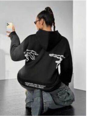 Women Black Graphic Hoodie L